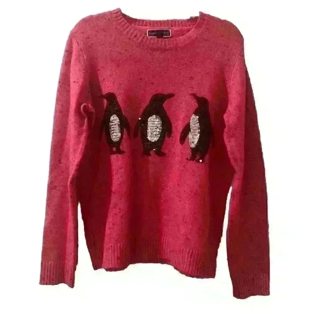 Karen Scott Embellished Sequins Penguin Sweater Pink Size Medium